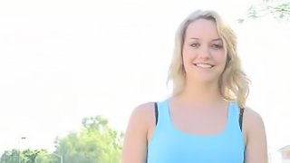 Hot and Flexible Blonde Girl Showing Her Skills and Boobs in the Park
