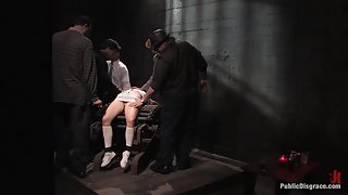 Dirty old men get serviced by 18 year old sluts in white panties